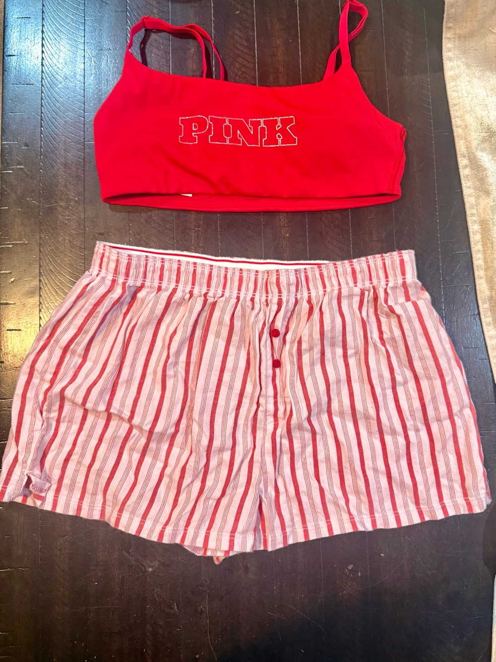 PINK Victoria's Bralette and Red and white Striped Lounge Shorts